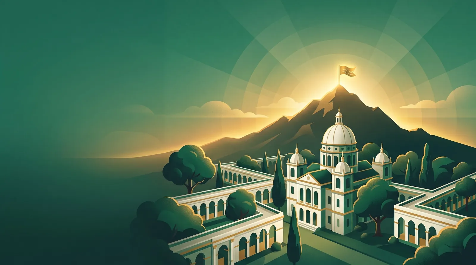 A university campus at sunrise below a summit