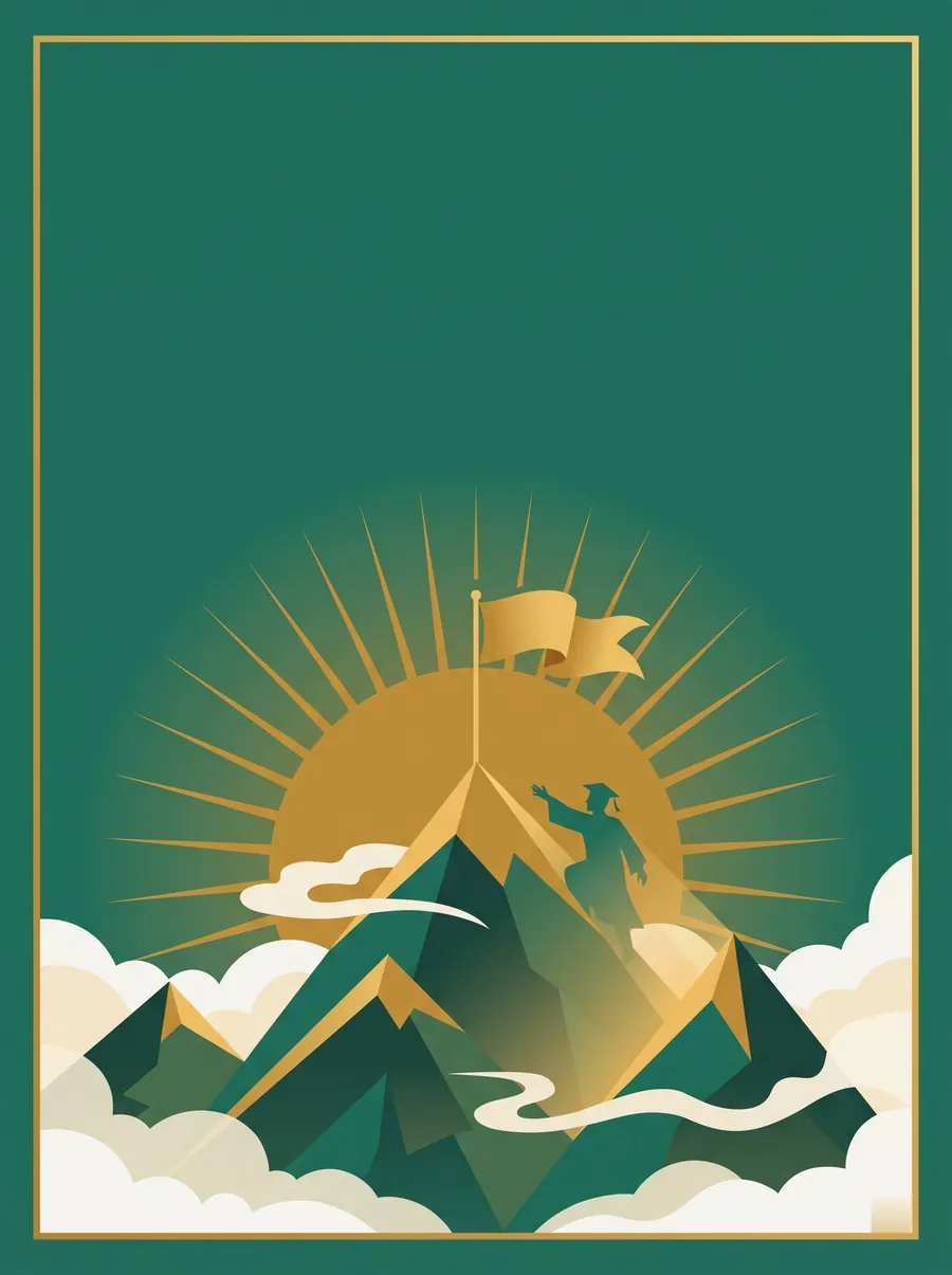 A graduate reaching a mountain summit